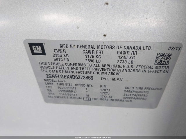 2013 Chevrolet Equinox Ltz მანქანა იყიდება აუქციონზე, vin: 2GNFLGEK4D6273869, აუქციონის ნომერი: 46270252