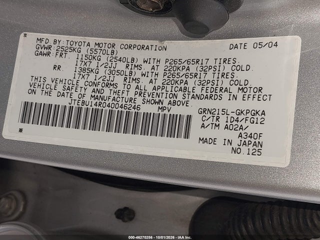 Aukcja sprzedaży 2004 Toyota 4runner Sr5 V6, vin: JTEBU14R040046246, numer aukcji: 46270256