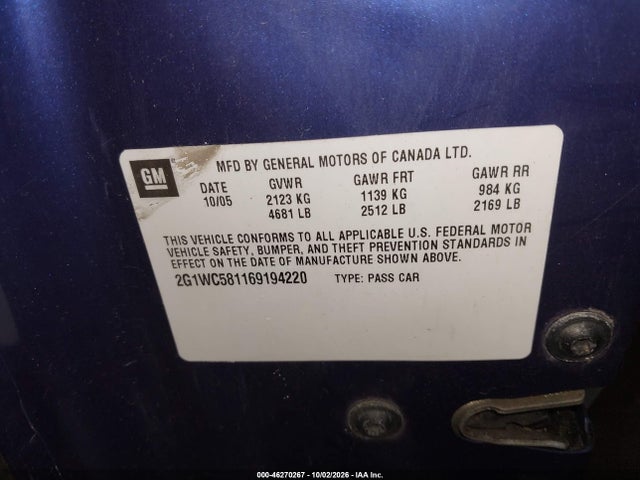 46270267 :رقم المزاد ، 2G1WC581169194220 vin ، 2006 Chevrolet Impala Lt مزاد بيع