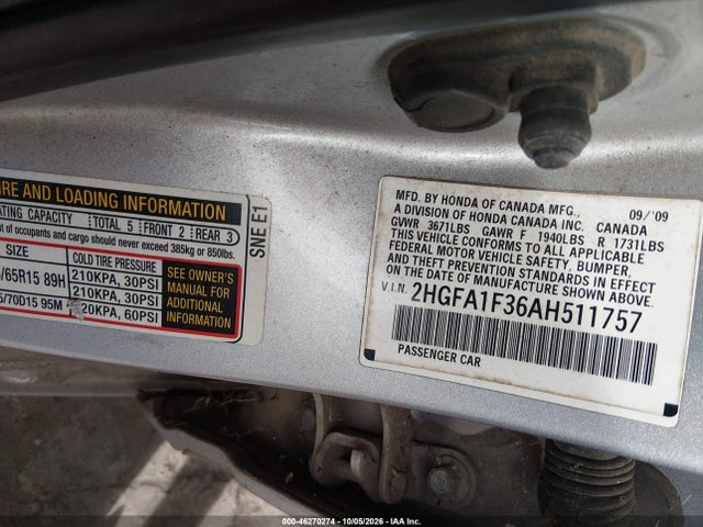 46270274 :رقم المزاد ، 2HGFA1F36AH511757 vin ، 2010 Honda Civic Vp مزاد بيع
