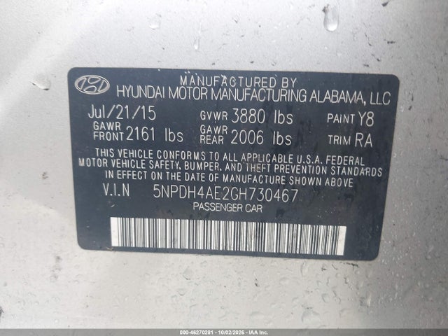 Продажа на аукционе авто 2016 Hyundai Elantra Se, vin: 5NPDH4AE2GH730467, номер лота: 46270281
