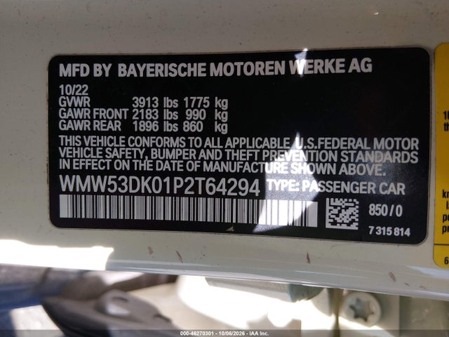 46270301 :رقم المزاد ، WMW53DK01P2T64294 vin ، 2023 Mini Hardtop Cooper S مزاد بيع