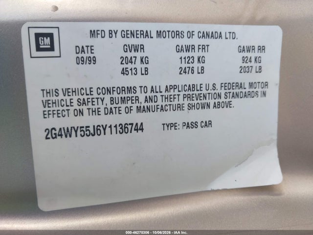 Aukcja sprzedaży 2000 Buick Century Limited, vin: 2G4WY55J6Y1136744, numer aukcji: 46270306