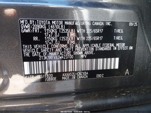 2025 Toyota Rav4 Le მანქანა იყიდება აუქციონზე, vin: 2T3K1RFVXSW423700, აუქციონის ნომერი: 46270320