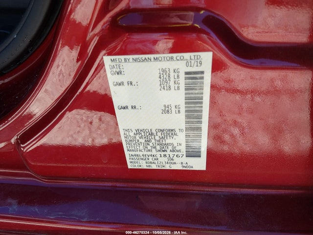 Aukcja sprzedaży 2019 Nissan Altima 2.5 Sl, vin: 1N4BL4EV4KC181767, numer aukcji: 46270324