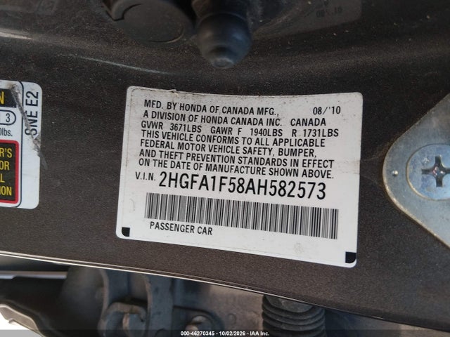 2010 Honda Civic Lx მანქანა იყიდება აუქციონზე, vin: 2HGFA1F58AH582573, აუქციონის ნომერი: 46270345