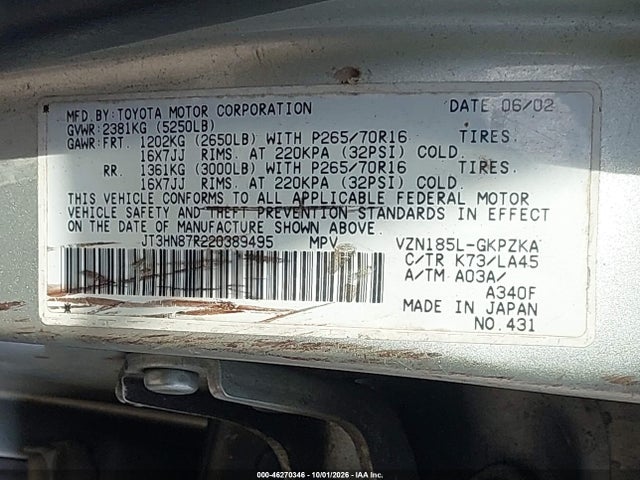 46270346 :رقم المزاد ، JT3HN87R220389495 vin ، 2002 Toyota 4runner Limited V6 مزاد بيع