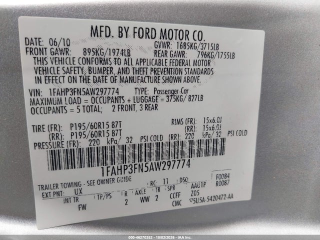 2010 Ford Focus Se მანქანა იყიდება აუქციონზე, vin: 1FAHP3FN5AW297774, აუქციონის ნომერი: 46270352