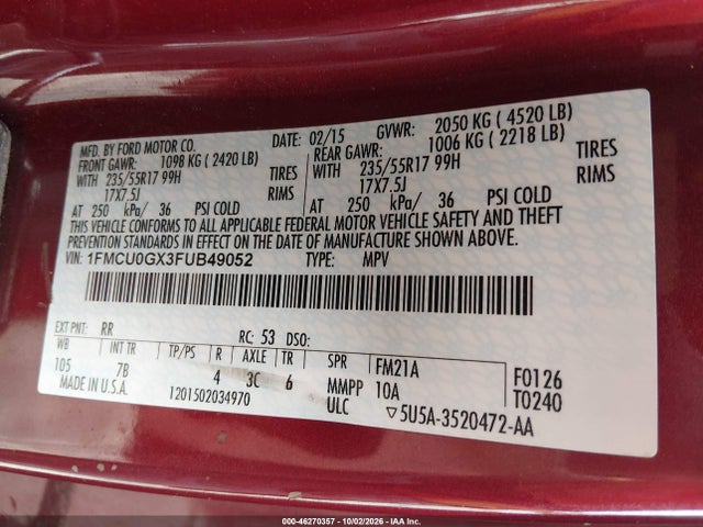 46270357 :رقم المزاد ، 1FMCU0GX3FUB49052 vin ، 2015 Ford Escape Se مزاد بيع