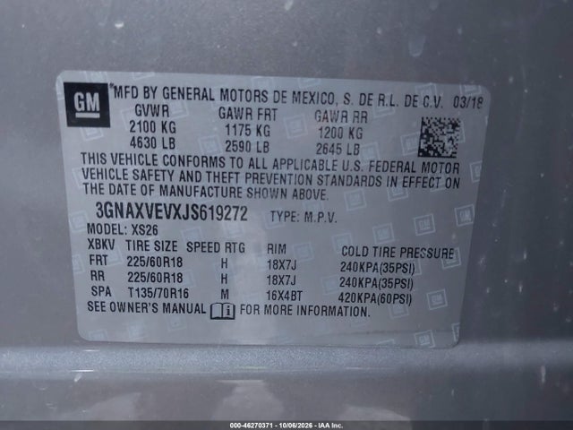 46270371 :رقم المزاد ، 3GNAXVEVXJS619272 vin ، 2018 Chevrolet Equinox Premier مزاد بيع