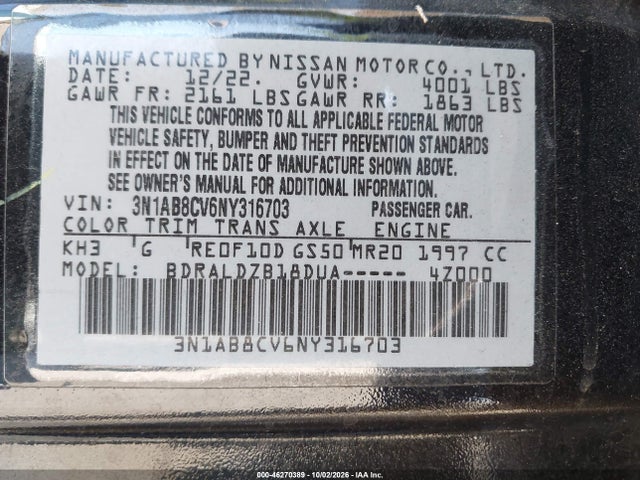 Aukcja sprzedaży 2022 Nissan Sentra Sv Xtronic Cvt, vin: 3N1AB8CV6NY316703, numer aukcji: 46270389