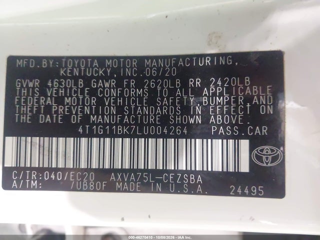 2020 Toyota Camry Se Nightshade Edition Awd მანქანა იყიდება აუქციონზე, vin: 4T1G11BK7LU004264, აუქციონის ნომერი: 46270410