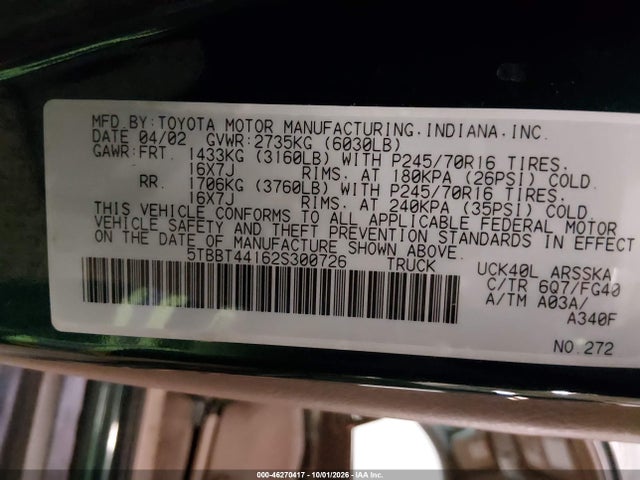 Aukcja sprzedaży 2002 Toyota Tundra Sr5 V8, vin: 5TBBT44162S300726, numer aukcji: 46270417
