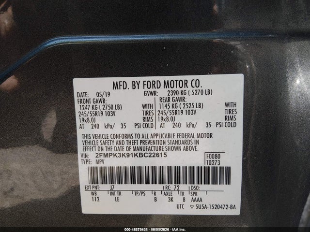 Продажа на аукционе авто 2019 Ford Edge Titanium, vin: 2FMPK3K91KBC22615, номер лота: 46270421