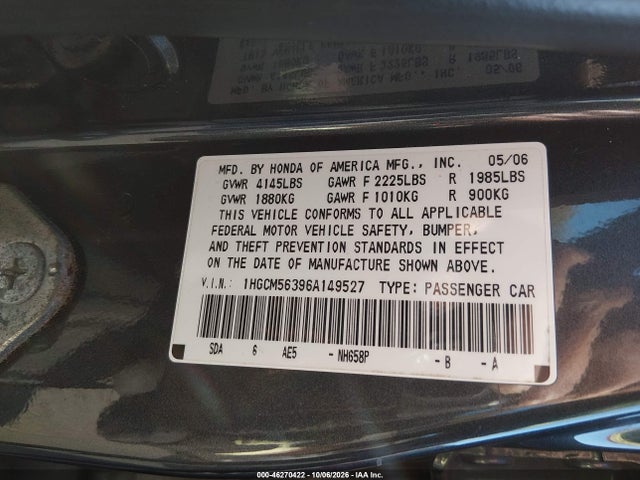 Aukcja sprzedaży 2006 Honda Accord 2.4 Se, vin: 1HGCM56396A149527, numer aukcji: 46270422