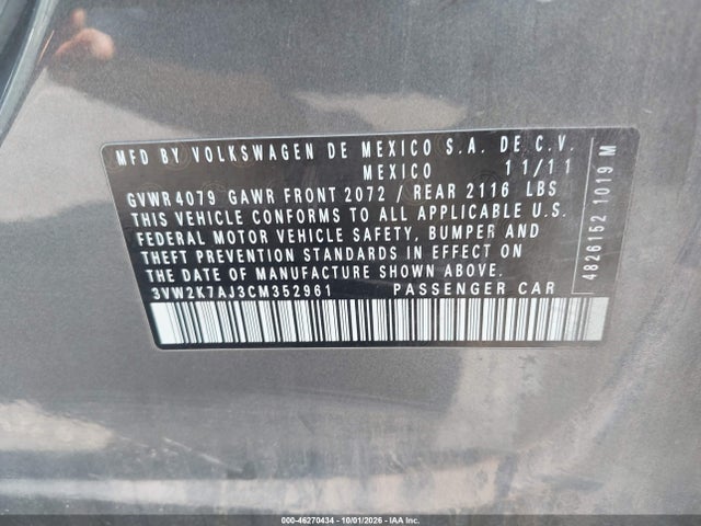 46270434 :رقم المزاد ، 3VW2K7AJ3CM352961 vin ، 2012 Volkswagen Jetta 2.0l S مزاد بيع