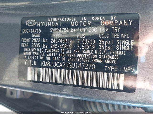 2016 Hyundai Tucson Sport მანქანა იყიდება აუქციონზე, vin: KM8J3CA20GU147270, აუქციონის ნომერი: 46270454