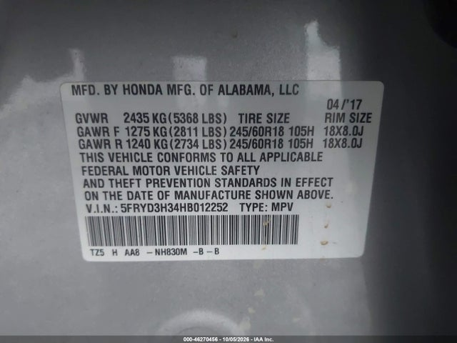46270456 :رقم المزاد ، 5FRYD3H34HB012252 vin ، 2017 Acura Mdx مزاد بيع