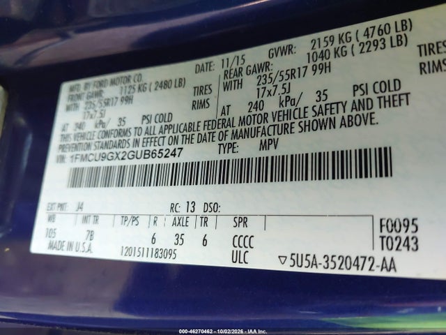 46270462 :رقم المزاد ، 1FMCU9GX2GUB65247 vin ، 2016 Ford Escape Se مزاد بيع