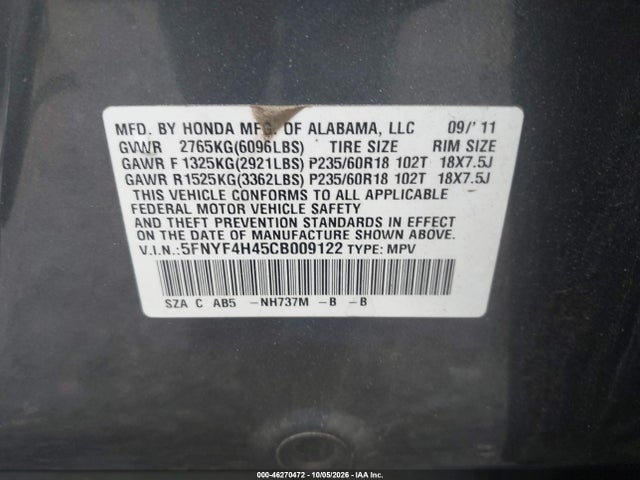 Продажа на аукционе авто 2012 Honda Pilot Ex, vin: 5FNYF4H45CB009122, номер лота: 46270472