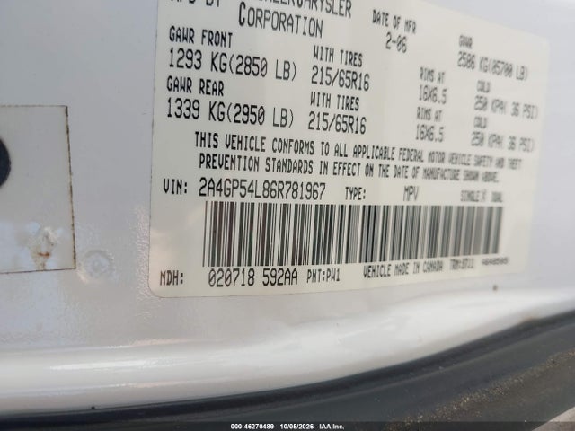 2006 Chrysler Town & Country Touring მანქანა იყიდება აუქციონზე, vin: 2A4GP54L86R781967, აუქციონის ნომერი: 46270489
