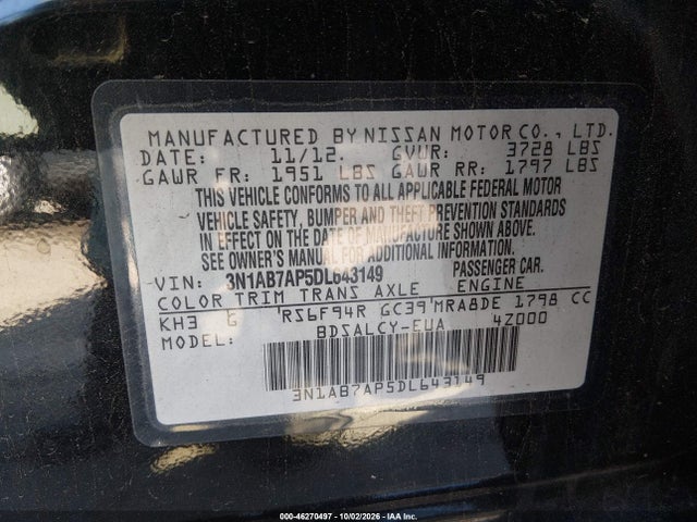 Продаж на аукціоні авто 2013 Nissan Sentra S, vin: 3N1AB7AP5DL643149, номер лоту: 46270497