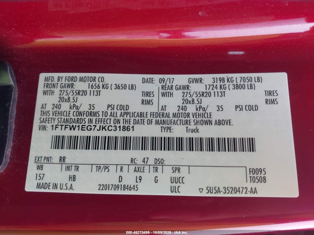 46270499 :رقم المزاد ، 1FTFW1EG7JKC31861 vin ، 2018 Ford F-150 Lariat مزاد بيع