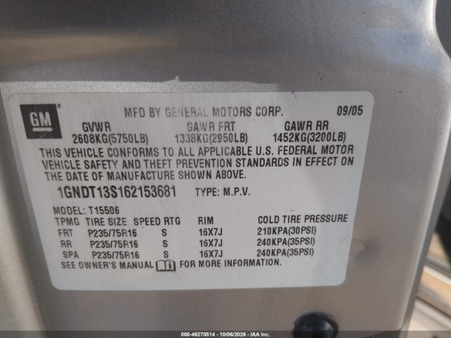 2006 Chevrolet Trailblazer Ls მანქანა იყიდება აუქციონზე, vin: 1GNDT13S162153681, აუქციონის ნომერი: 46270514