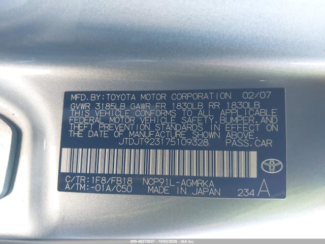 46270537 :رقم المزاد ، JTDJT923175109328 vin ، 2007 Toyota Yaris مزاد بيع