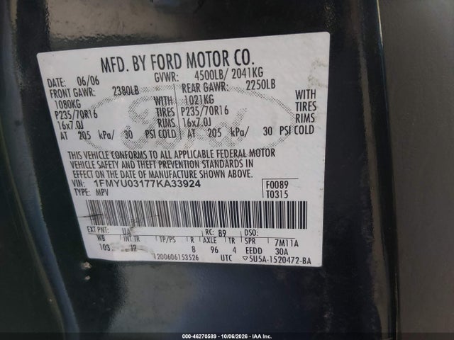 Продаж на аукціоні авто 2007 Ford Escape Xlt/xlt Sport, vin: 1FMYU03177KA33924, номер лоту: 46270589