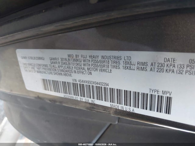 46270592 :رقم المزاد ، 4S4WX93DX94402294 vin ، 2009 Subaru Tribeca Limited 5-passenger مزاد بيع
