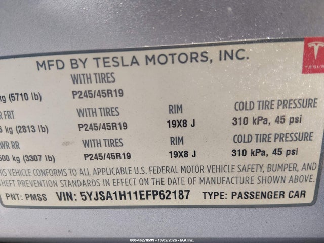 46270599 :رقم المزاد ، 5YJSA1H11EFP62187 vin ، 2014 Tesla Model S P85 مزاد بيع