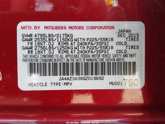 46270600 :رقم المزاد ، JA4AZ3A3XGZ019692 vin ، 2016 Mitsubishi Outlander Se مزاد بيع