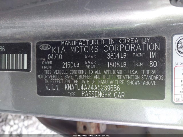 Aukcja sprzedaży 2010 Kia Forte Ex, vin: KNAFU4A24A5239686, numer aukcji: 46270623