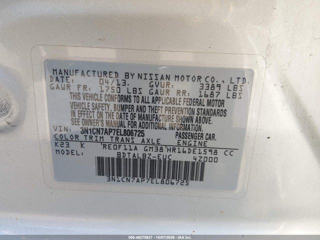 46270627 :رقم المزاد ، 3N1CN7AP7EL806725 vin ، 2014 Nissan Versa 1.6 Sv مزاد بيع