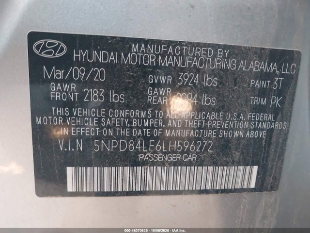 Aukcja sprzedaży 2020 Hyundai Elantra Sel, vin: 5NPD84LF6LH596272, numer aukcji: 46270635