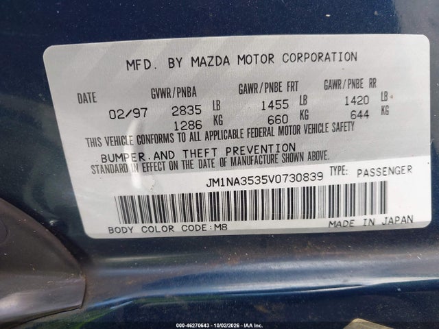 Продажа на аукционе авто 1997 Mazda Mx-5 Miata Leather Pkg/m Edition/popular Equipment Pkg/r Pkg./sto/touring Pkg, vin: JM1NA3535V0730839, номер лота: 46270643