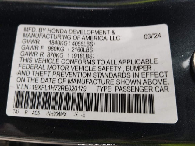 46270650 :رقم المزاد ، 19XFL1H72RE020179 vin ، 2024 Honda Civic Ex-l مزاد بيع