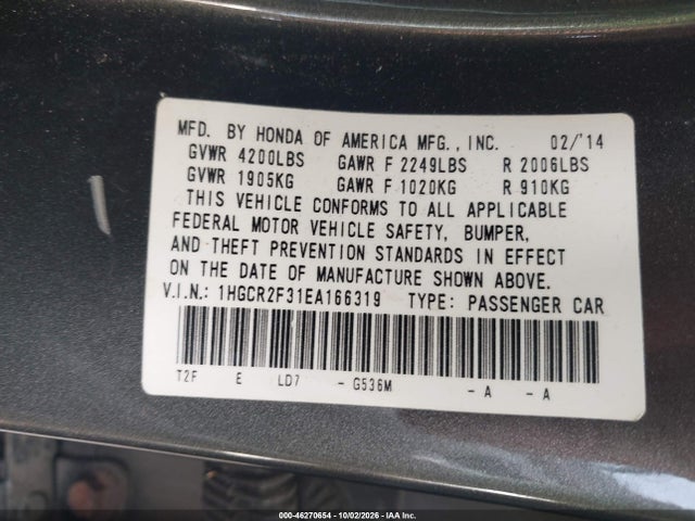 Продаж на аукціоні авто 2014 Honda Accord Lx, vin: 1HGCR2F31EA166319, номер лоту: 46270654