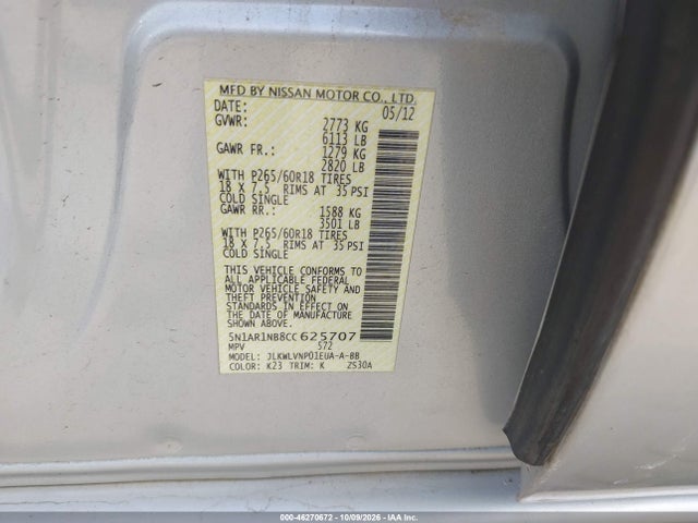 Продажа на аукционе авто 2012 Nissan Pathfinder Le, vin: 5N1AR1NB8CC625707, номер лота: 46270672