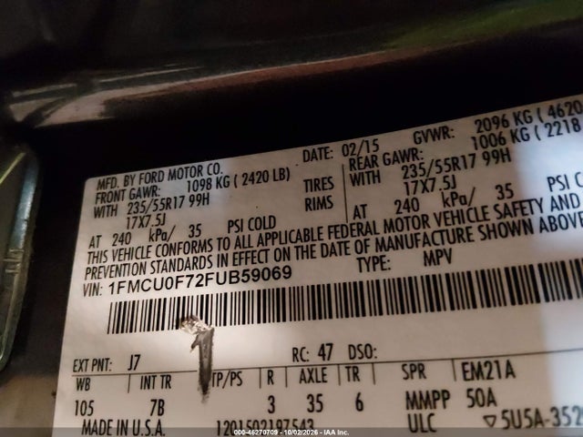 46270709 :رقم المزاد ، 1FMCU0F72FUB59069 vin ، 2015 Ford Escape S مزاد بيع