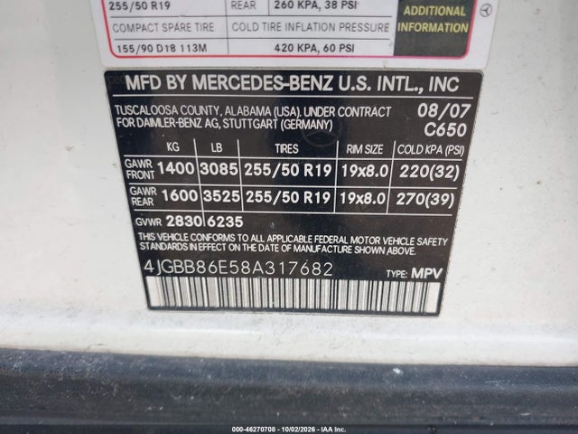 46270708 :رقم المزاد ، 4JGBB86E58A317682 vin ، 2008 Mercedes-benz Ml 350 4matic مزاد بيع