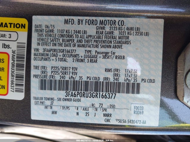 2016 Ford Fusion Hybrid Titanium მანქანა იყიდება აუქციონზე, vin: 3FA6P0RU3GR166377, აუქციონის ნომერი: 46270713