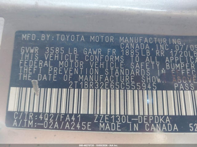 Продаж на аукціоні авто 2005 Toyota Corolla Ce, vin: 2T1BR32E65C555945, номер лоту: 46270720