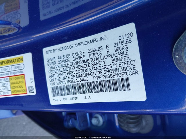 Продажа на аукционе авто 2020 Honda Accord Sport, vin: 1HGCV1F3XLA054430, номер лота: 46270727