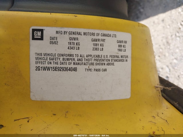 2002 Chevrolet Monte Carlo Ls მანქანა იყიდება აუქციონზე, vin: 2G1WW15E929364048, აუქციონის ნომერი: 46270731