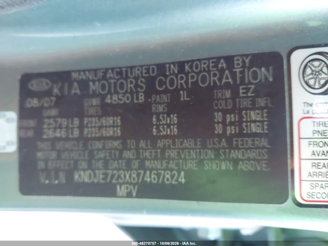 Aukcja sprzedaży 2008 Kia Sportage Lx V6, vin: KNDJE723X87467824, numer aukcji: 46270757