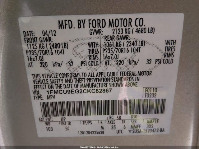 Продажа на аукционе авто 2012 Ford Escape Limited, vin: 1FMCU9EG2CKC82867, номер лота: 46270763
