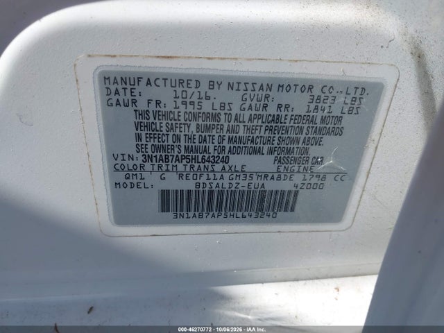 Продажа на аукционе авто 2017 Nissan Sentra Sv, vin: 3N1AB7AP5HL643240, номер лота: 46270772