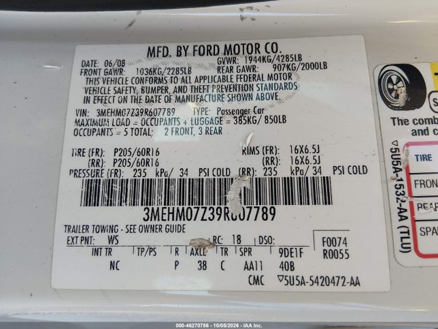 Aukcja sprzedaży 2009 Mercury Milan I4, vin: 3MEHM07Z39R607789, numer aukcji: 46270786